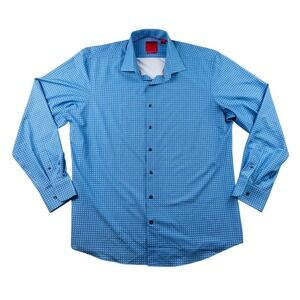 Proper Sport Shirt Men XL Blue Check Contemporary Fit 4-Way Stretch Button Front